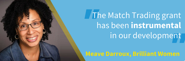 A photo of social entrepreneur Meave Darroux and a quote from her, reading "the Match Trading grant has been instrumental in our development"