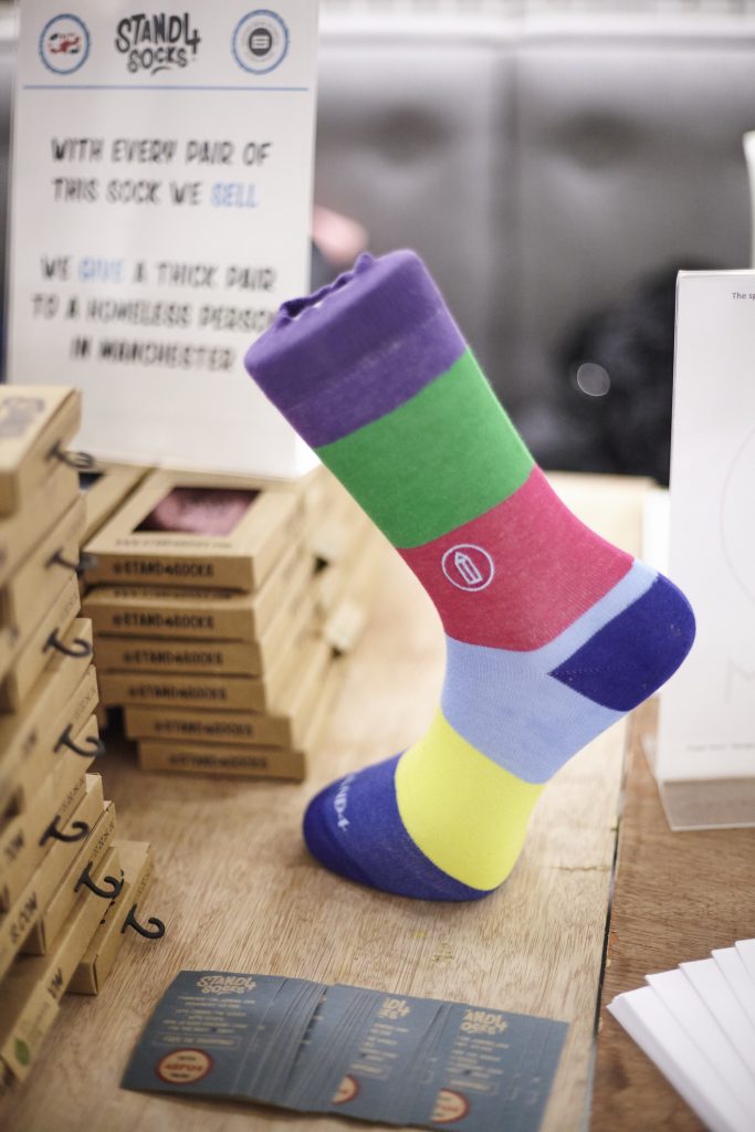 A pair of the socks displayed at the 2017 Social Entrepreneur of the Year Award, hosted by SSE and Lloyds Banking Group.