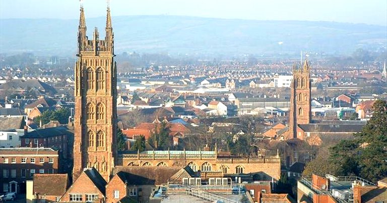 Skyline of Taunton, Somerset with cathedral and buildings
