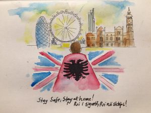 A painting by a Shpresa service user, of London points of interest in the background, a young person wears a cape made of the Albanian flag with the British flag around them. Underneath reads: Stay safe, stay at home! in English and Albanian 