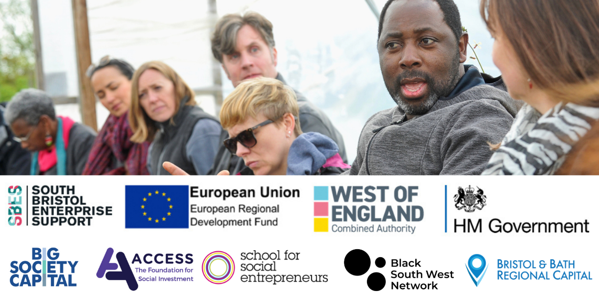 A group of people with logos for SSE, Black South West Network, Voscur, ERDF, 