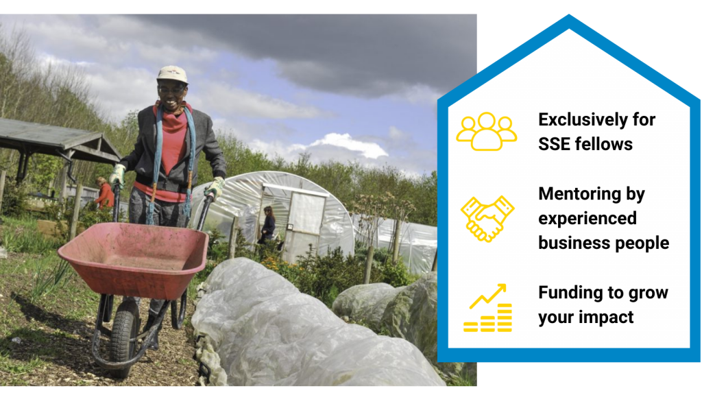 A graphic showing a person pushing a wheelbarrow in a community garden and text saying Exclusively for SSE fellows Mentoring by experienced business people Funding to grow your impact