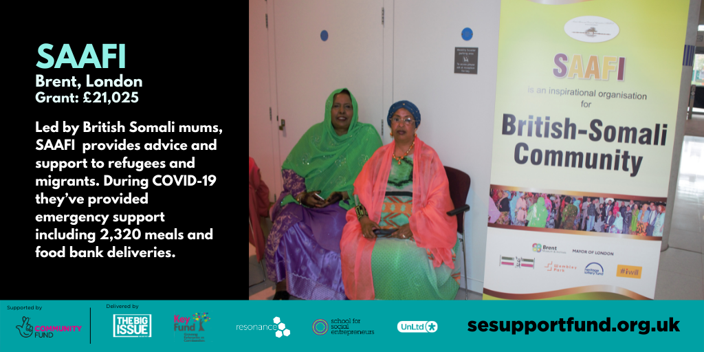 SAAFI, Brent, London, £21,025 grant. Led by British Somali mums, SAAFI provides advice and support to refugees and migrants. During Covid-19 they've provided emergency support including 2,320 meals and food bank deliveries.