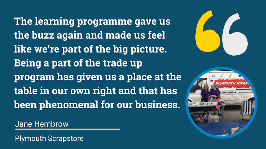 Blue box with quotes. The learning programme gave us the buzz again and made us feel like we’re part of the big picture. Being a part of the trade up program has given us a place at the table in our own right and that has been phenomenal for our business.