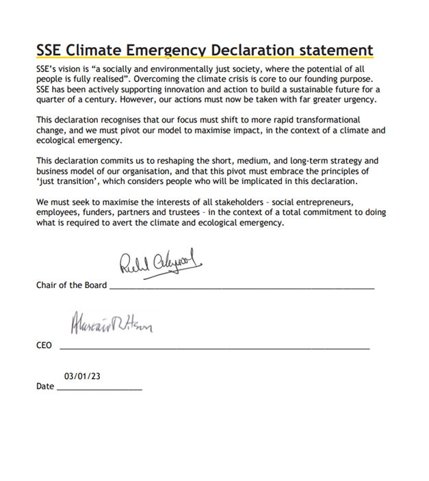 A grab of a document headed "SSE Climate Emergency Declaration" with four paragraphs describing our commitments, signed by Chair of the Board, Richard Collier-Keywood and CEO Ali Wilson.