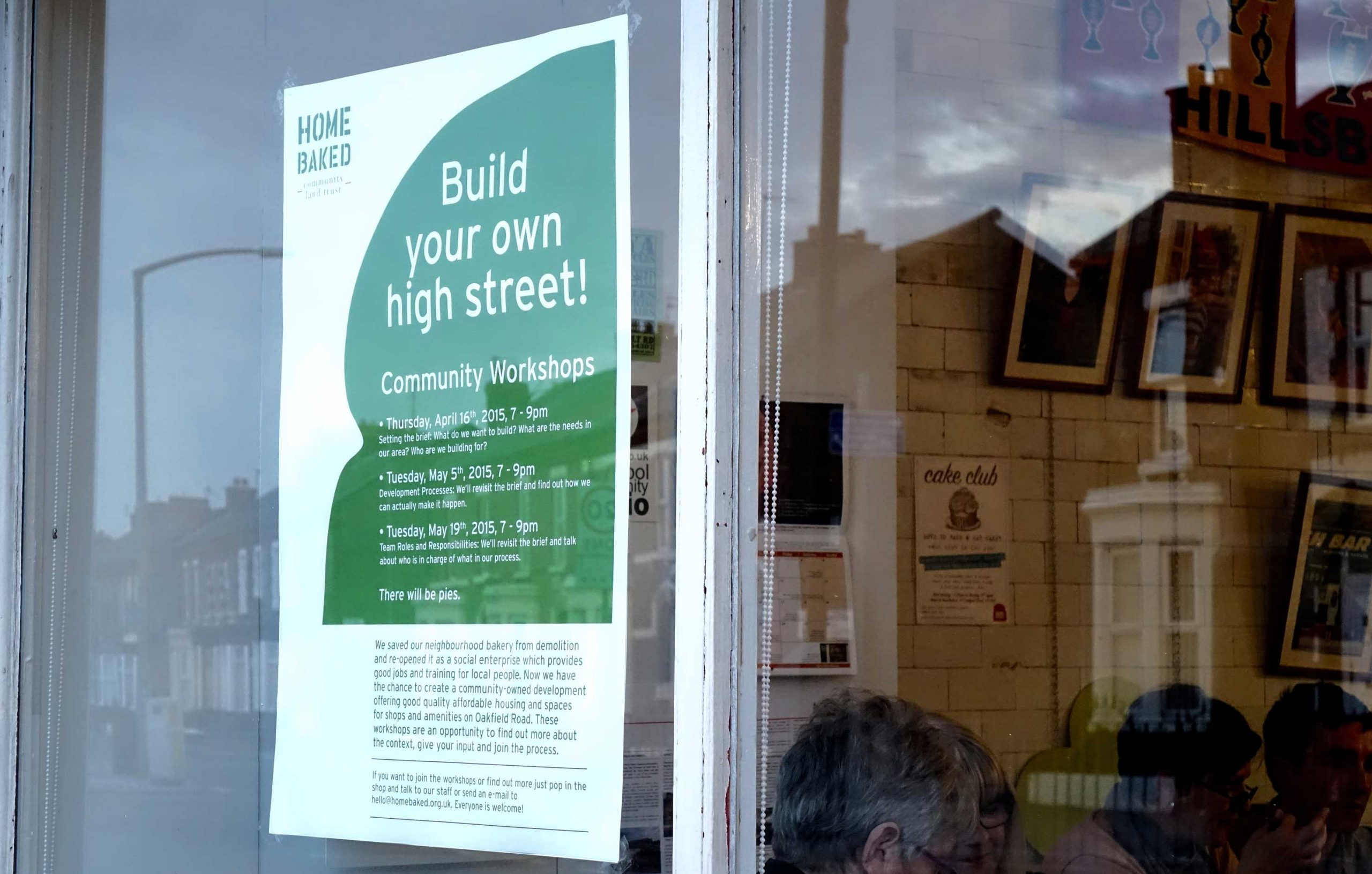 Poster reads: "Build your own high street! Community Workshops" and goes on to detail the dates and times of several workshops by Home Baked.