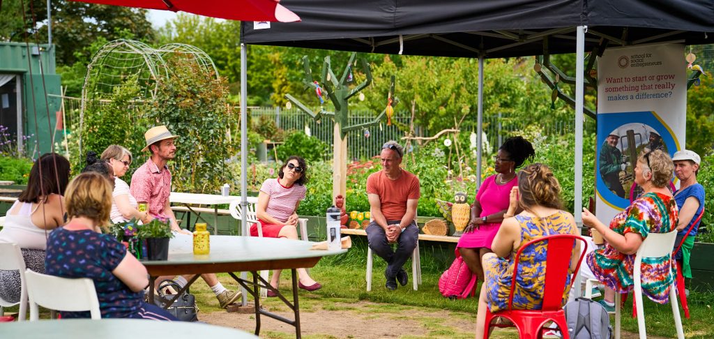 Group enjoying discussion at Redcatch Comumunity Garden in Bristol