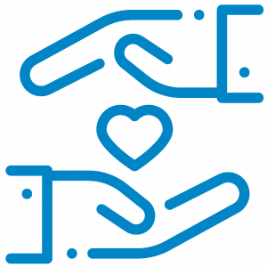 blue icon with outline of two hands either side of a heart
