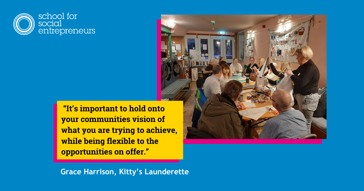 People gather at tables for a craft event at Kitty's Launderette