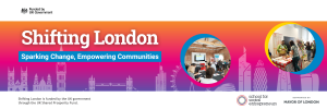 Graphic shows skyline of London silhouetted against bright colour with logos for partner organisations
